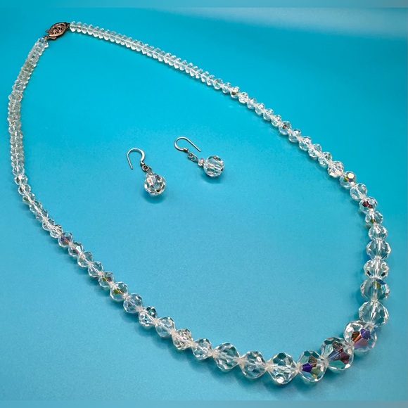 Vintage 1950s Aurora Borealis Faceted Bead Necklace Pierced Earring Set - Picture 3 of 12